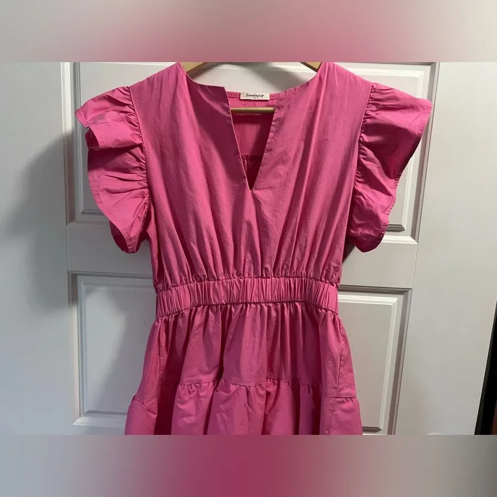 **SOLD** Sunday Up bright pink tiered v-neck dress with frill. - Picture 3 of 7